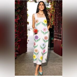 QUEEN OF SPARKLES White Floral Embroidered Maxi Dress with Multicolor Blooms